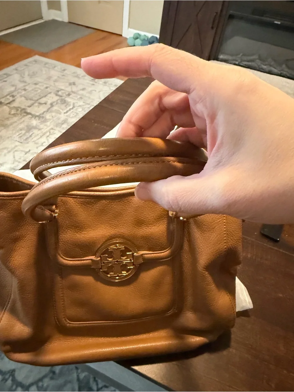 Tory Burch Tan Pebbled Leather Tote with Logo Medallion